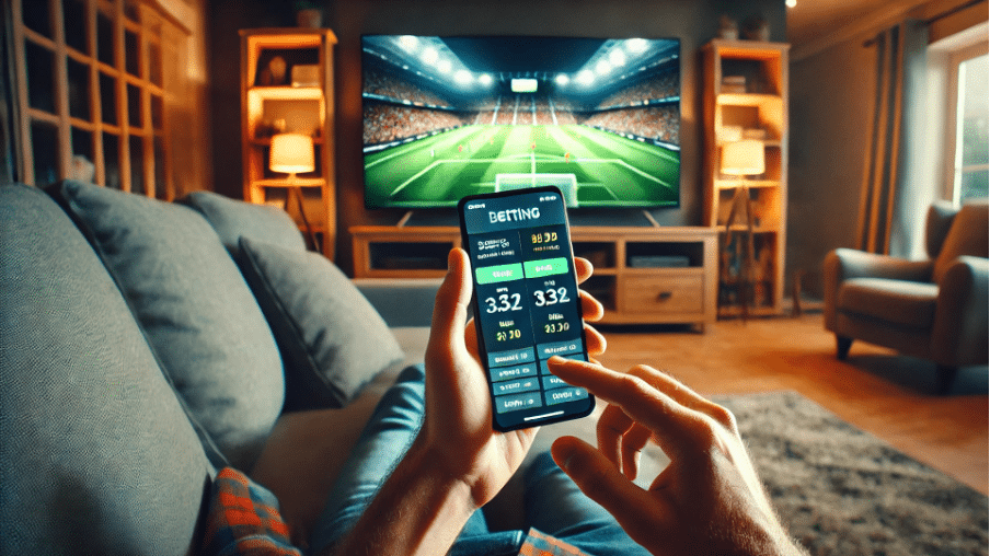 En person tittar på en fotbollsmatch och bettar från telefonen.